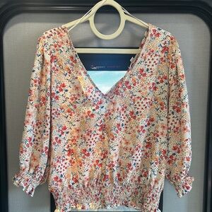 Nine Britton Floral V-Neck Blouse - Red, Orange, Cream